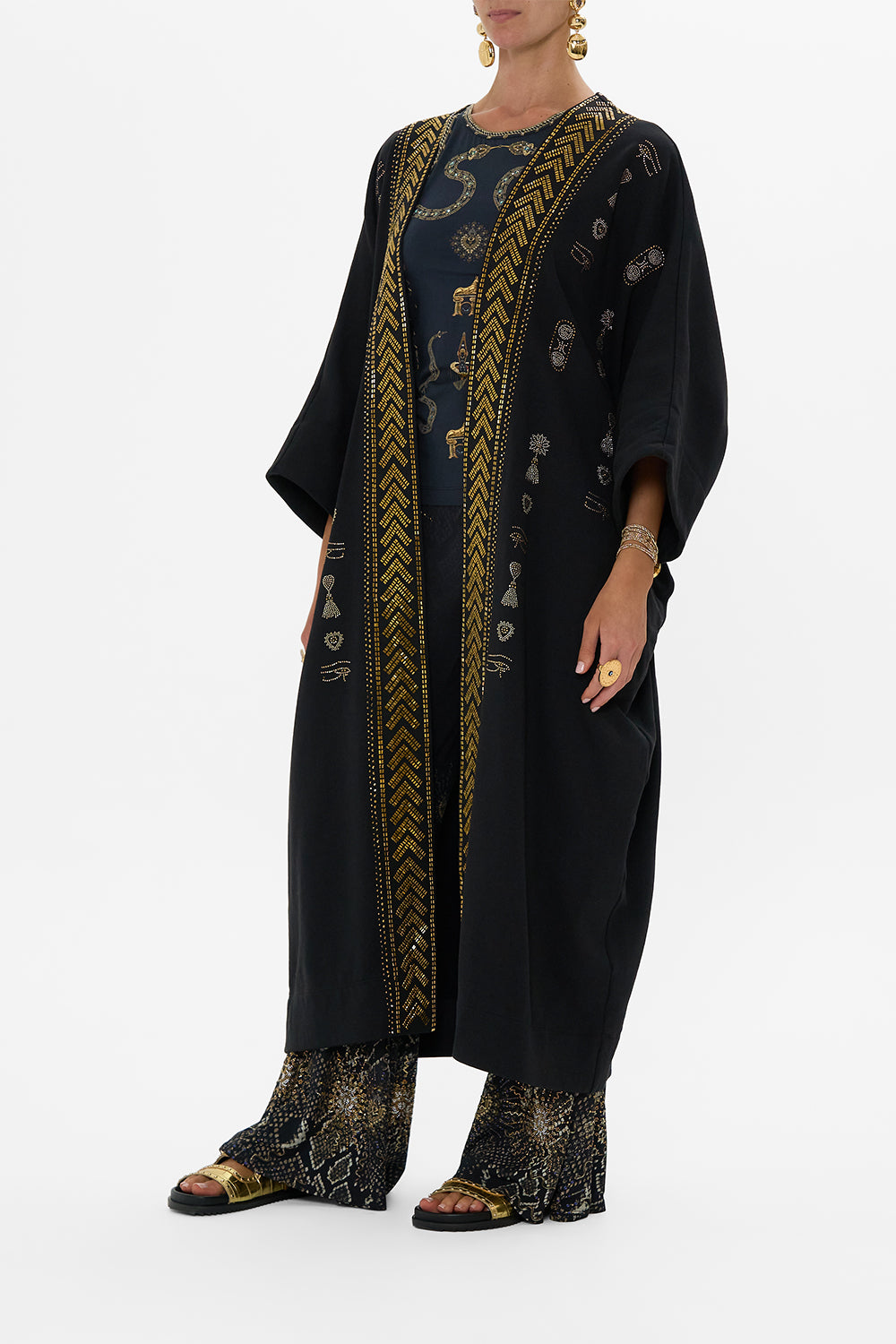 The CAMILLA V NECK LONG BIAS SLIP DRESS WITH TRAIN DEFY GRAVITY in our  print.