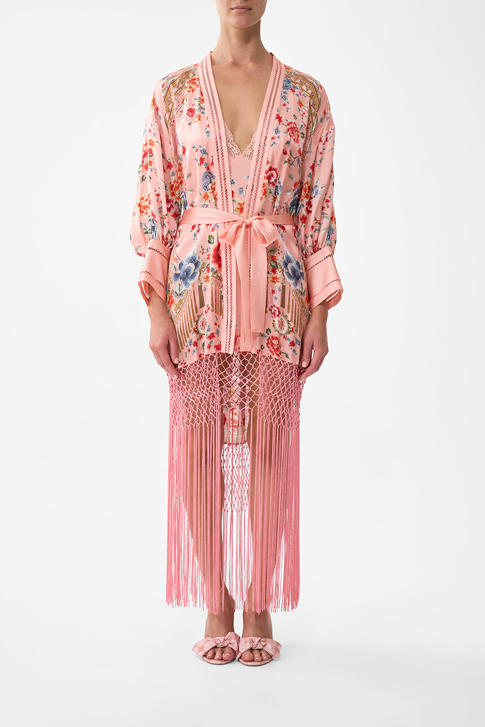 The CAMILLA SHORT TIE FRONT BLOUSON DRESS TILES DARLS in our  print.