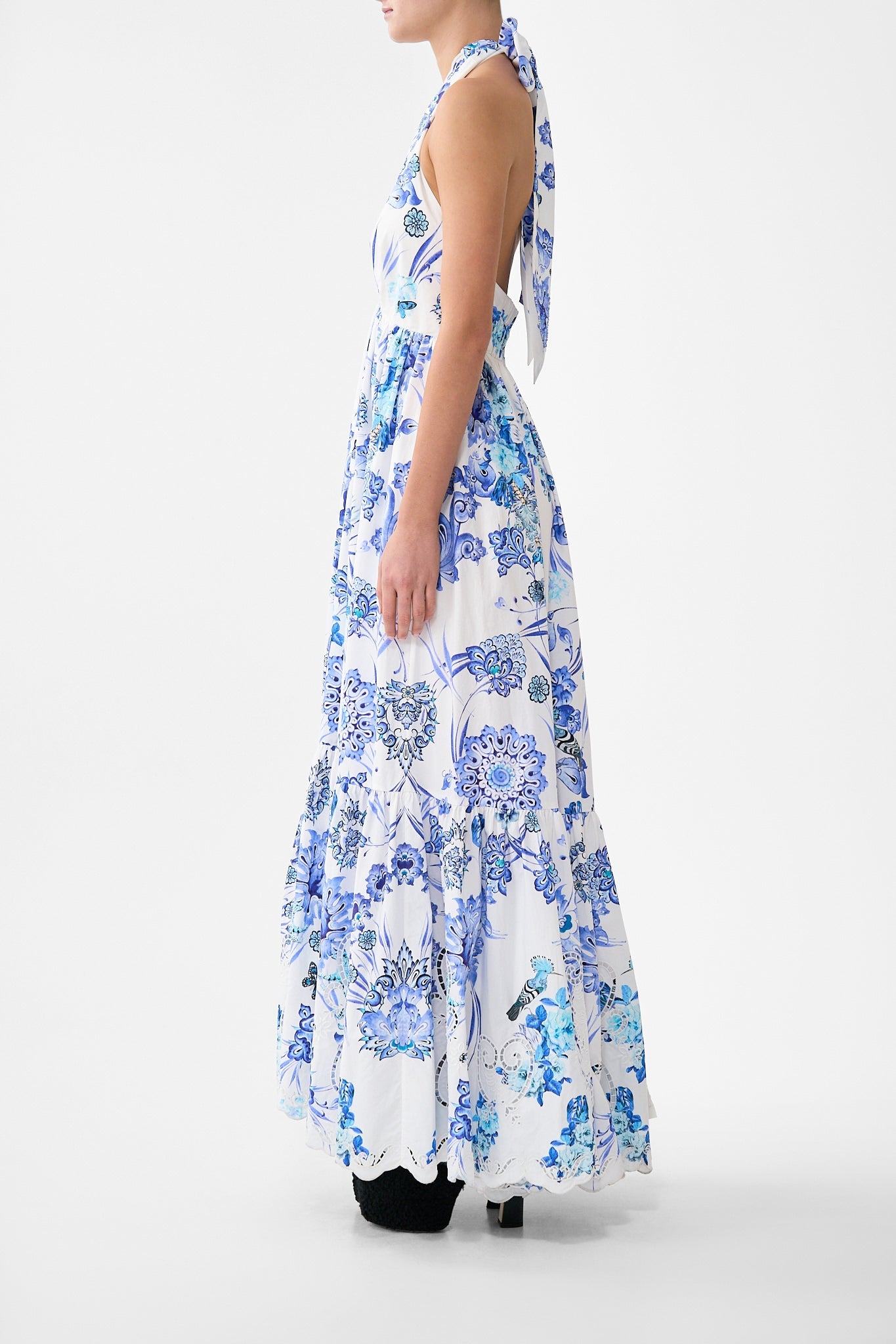 The CAMILLA BIAS CUT MIDI DRESS WITH LACE INSERT PALATIAL PASTELS in our PALATIAL PASTELS print.
