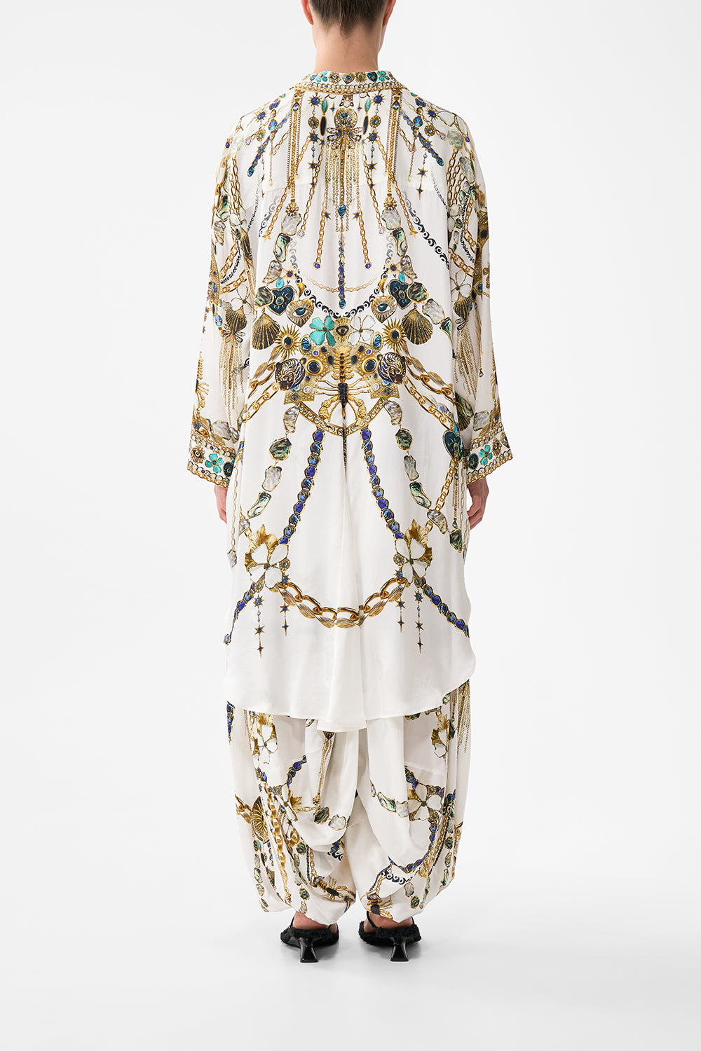 The CAMILLA STRAPLESS JUMPSUIT WITH FRILL HEIRLOOM EMPIRE in our  print.
