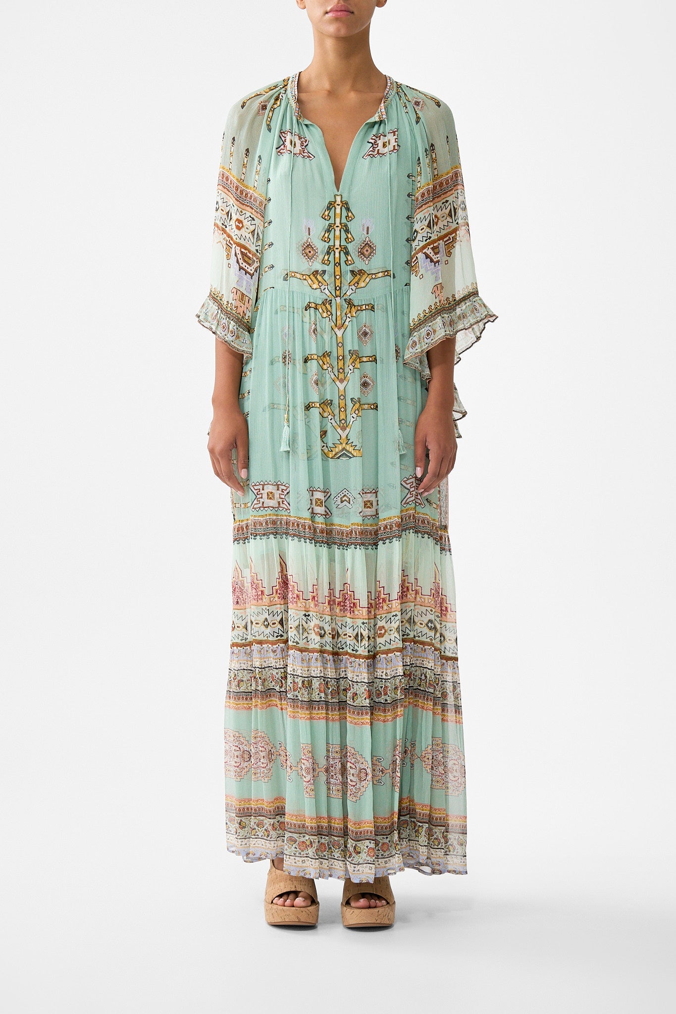 The CAMILLA CRINKLE STRETCH SCOOP NECK ONE PIECE WITH STRAP TRIMS FELINE FOLKLORE in our FELINE FOLKLORE print.