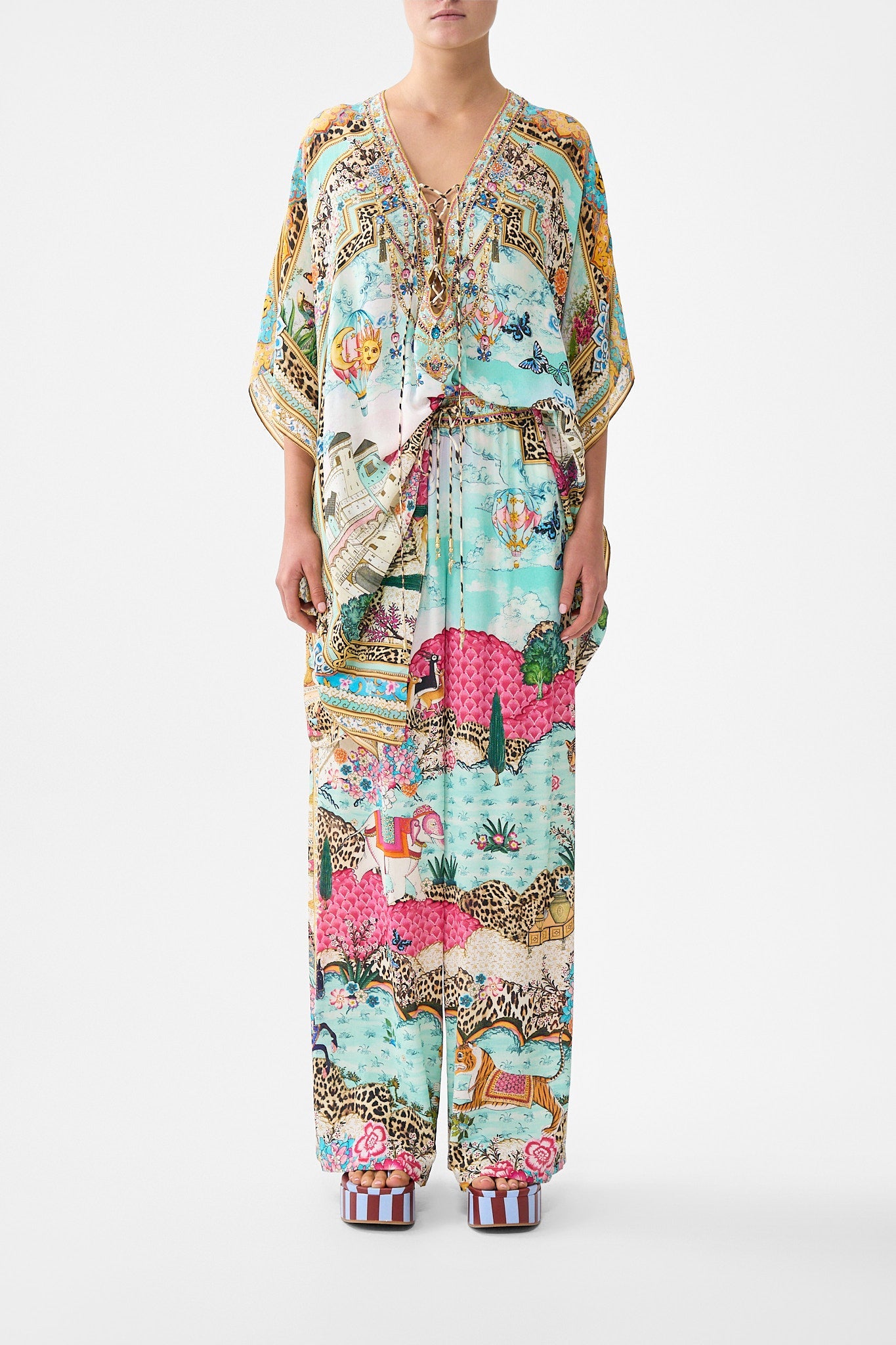 The CAMILLA SLIM FIT ROUND NECK T-SHIRT - WHITE/MULTI TOTEMS AND TREASURES in our  print.
