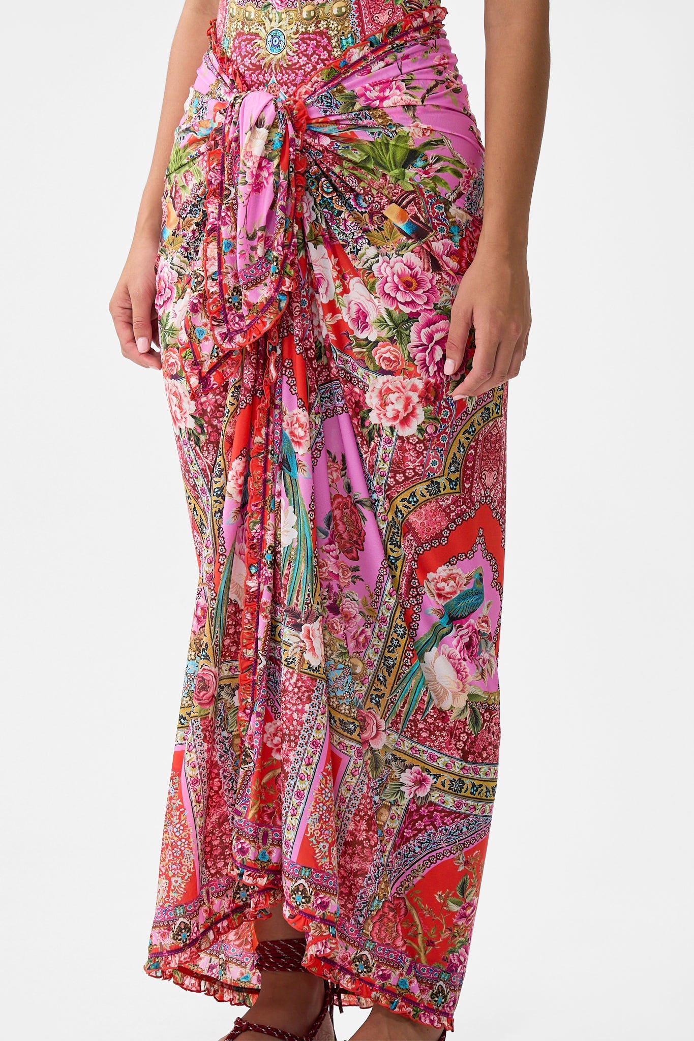 The CAMILLA V NECK GATHERED JERSEY DRESS AMULETS AND ALCHEMY in our  print.